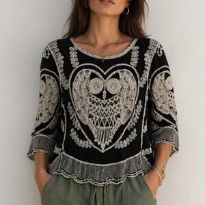 ETC. Top Women's All Around Embroidered Owl Design Black Bohemian Nature